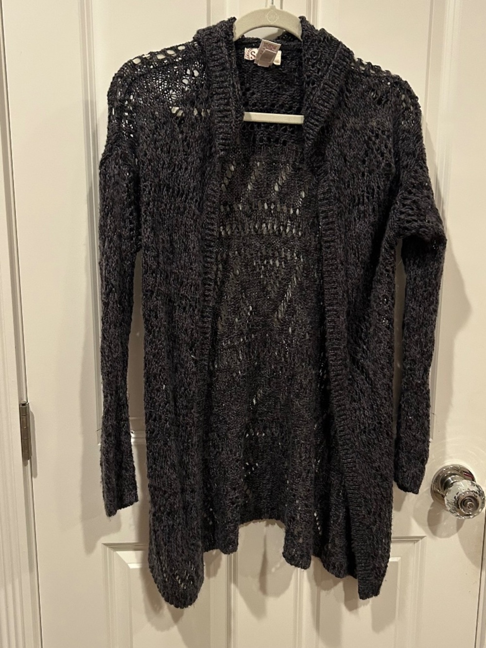 SO Dark Gray Hooded Open Front Crochet Knit Cardigan Size Medium